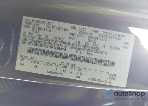 2024 Ford F-150 Xlt z USA, uszkodzony, nr VIN 1FTEW3KPXRKD39415